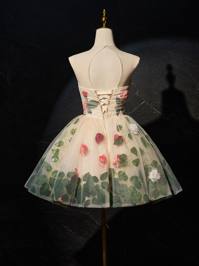 Champagne 3D Flower Tulle Short Prom Dress, Cute Champagne Homecoming toptby Champagne 3D Flower Tulle Short Prom Dress, Cute Champagne Homecoming toptby