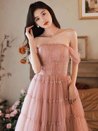 A-Line Off Shoulder Tulle Beads Pink Long Prom Dress, Pink Formal Dress