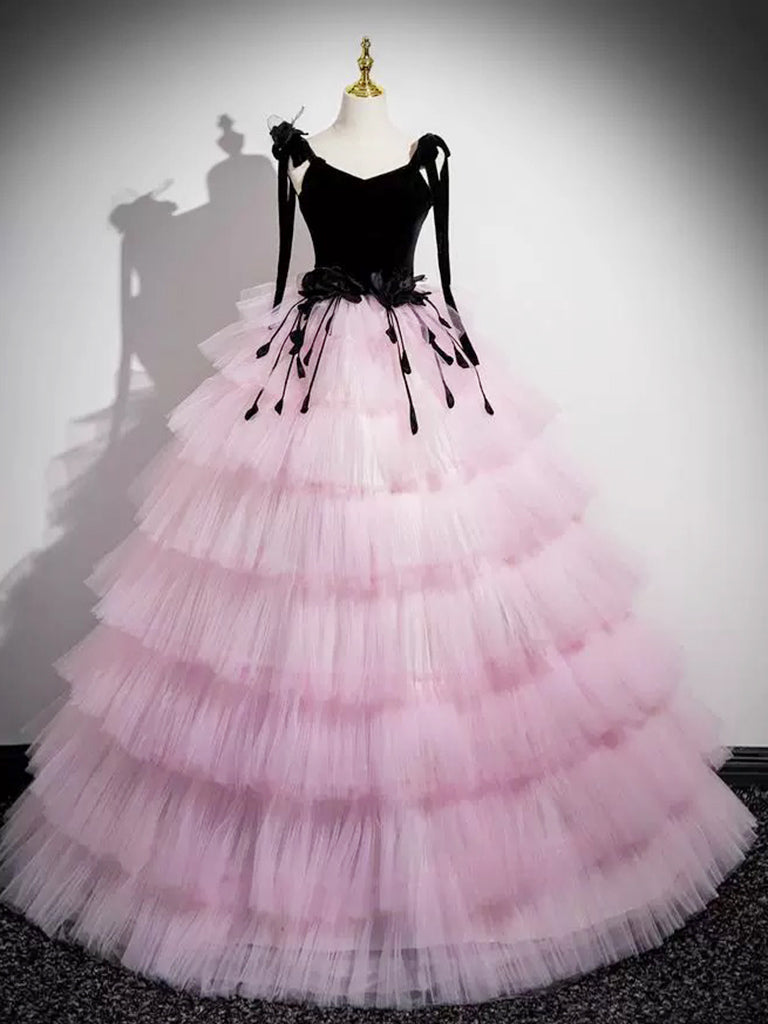 A-Line V Neck Pink Tulle Long Prom Dress, Pink Long Formal Dress