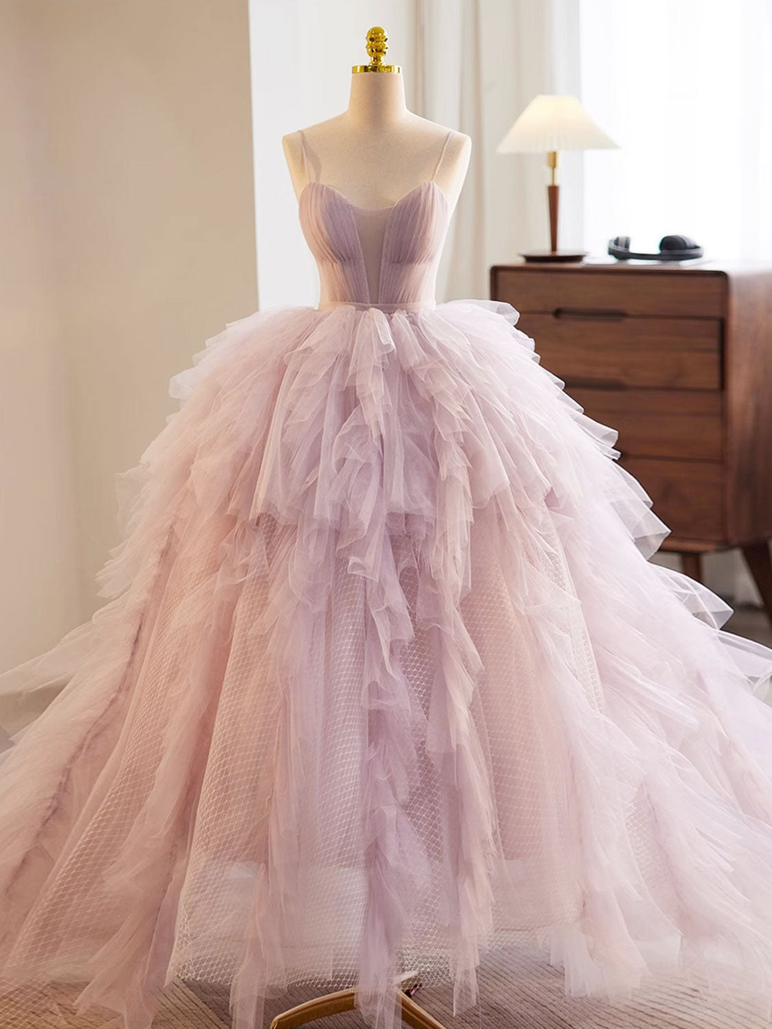 A-Line Sweetheart Neck Tulle Pink Long Prom Dress, Pink Evening Dress