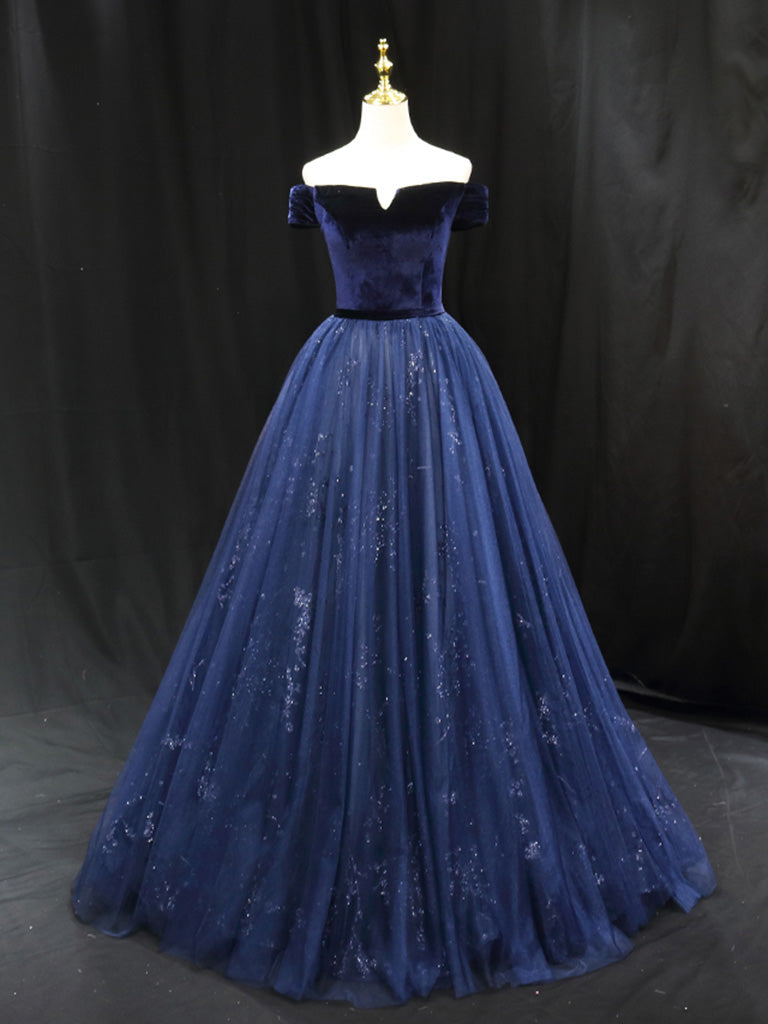 A-Line Blue Tulle velvet Long Prom Dress, Blue Formal Evening Dress