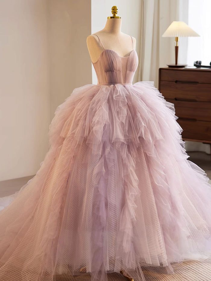 A-Line Sweetheart Neck Tulle Pink Long Prom Dress, Pink Evening Dress