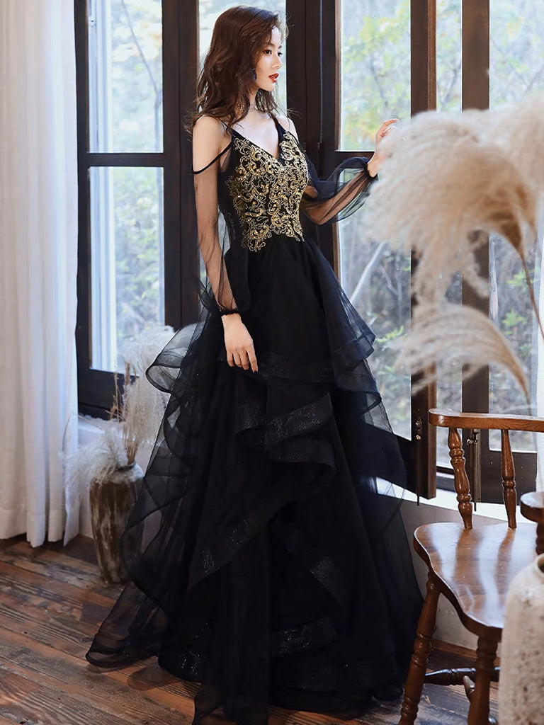 A-Line V Neck Tulle Beads Black Long Prom Dress, Black Long Formal Dress