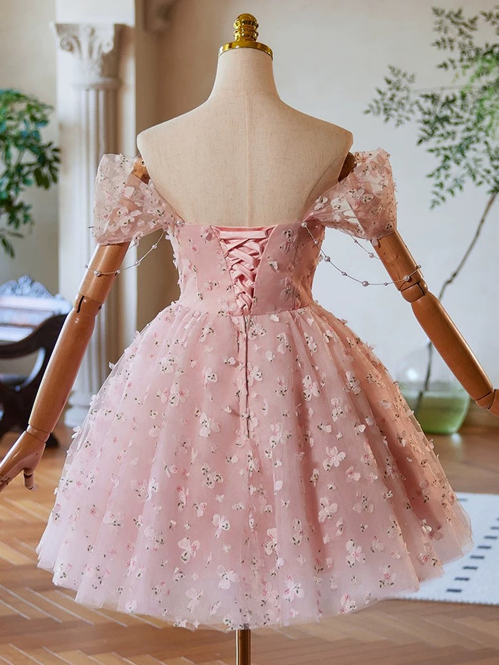 A-Line Off Shoulder Tulle Lace Pink Short Prom Dress, Pink Homecoming Dress