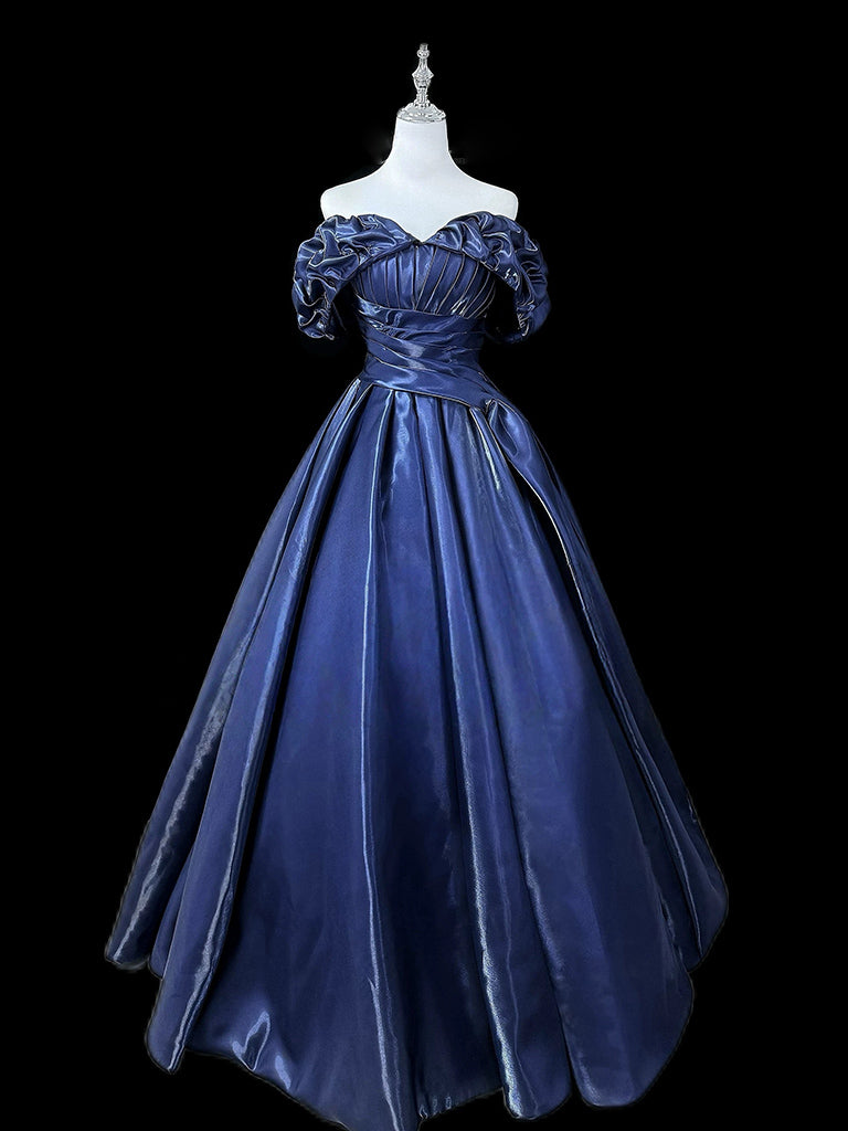 A-Line Off Shoulder Satin Dark Blue Long Prom Dress, Dark Blue Long Formal Dress