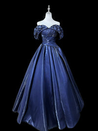 A-Line Off Shoulder Satin Dark Blue Long Prom Dress, Dark Blue Long Formal Dress