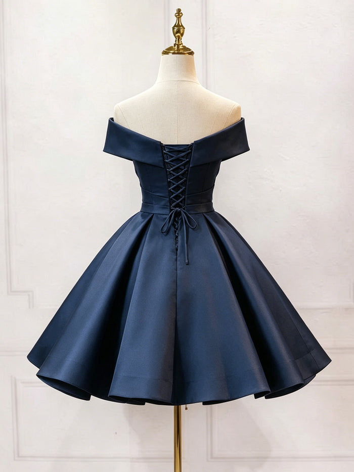 A-Line Sweetheart Off Shoulder Satin Short Dark Blue Prom Dress