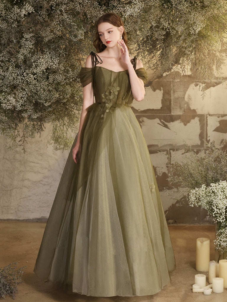 A- Line Off Shoulder Green Tulle Long Prom Dress, Green Formal Dress