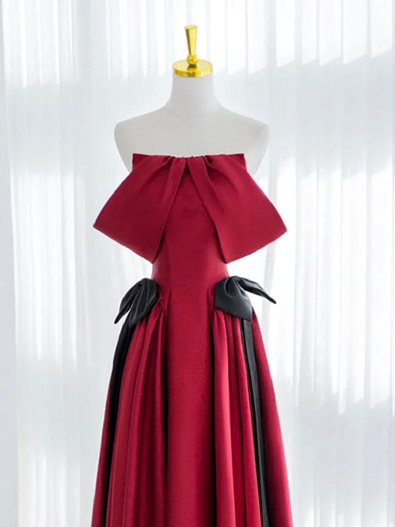 A-Line Off Shoulder Satin Burgundy Long Prom Dress, Burgundy Long Formal Dress