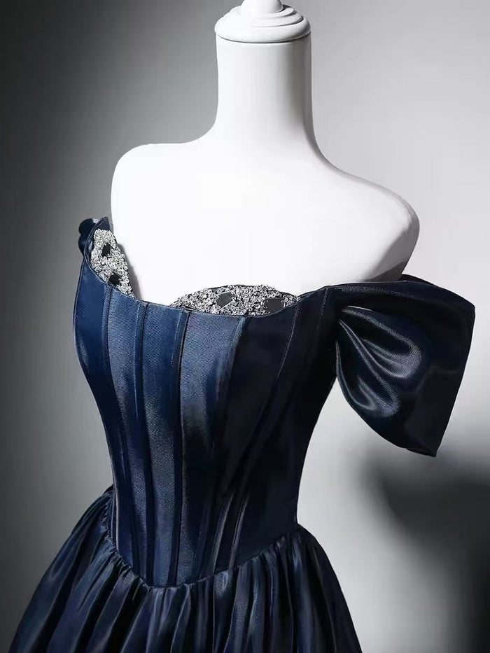 A-line Sweetheart Neck Off Shoulder Dark Blue Long Prom Dress with Beads