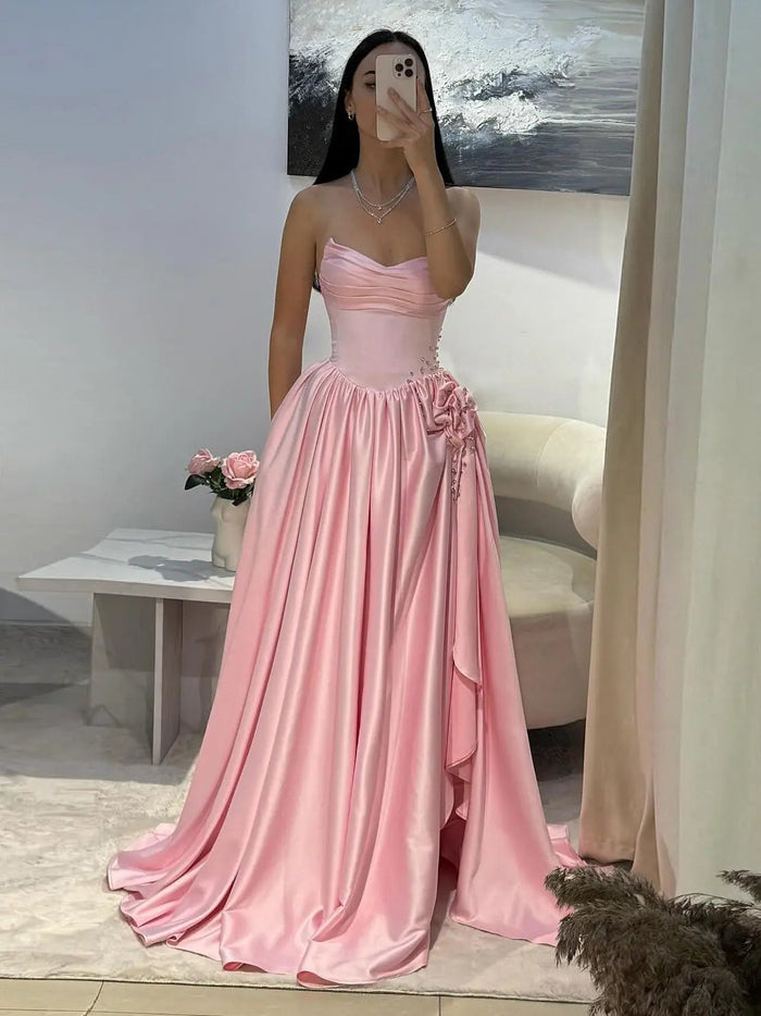 A-Line Satin Pink Long Prom Dress with Flower Beads