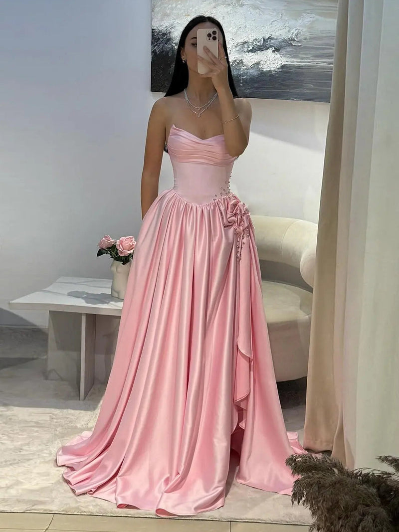 A-Line Satin Pink Long Prom Dress with Flower Beads