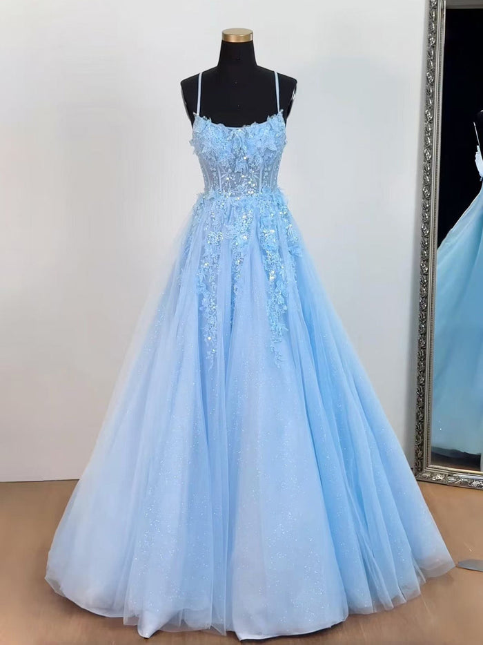 A-line Tulle Lace Floor Length Blue Prom Dress, Blue Formal Dress