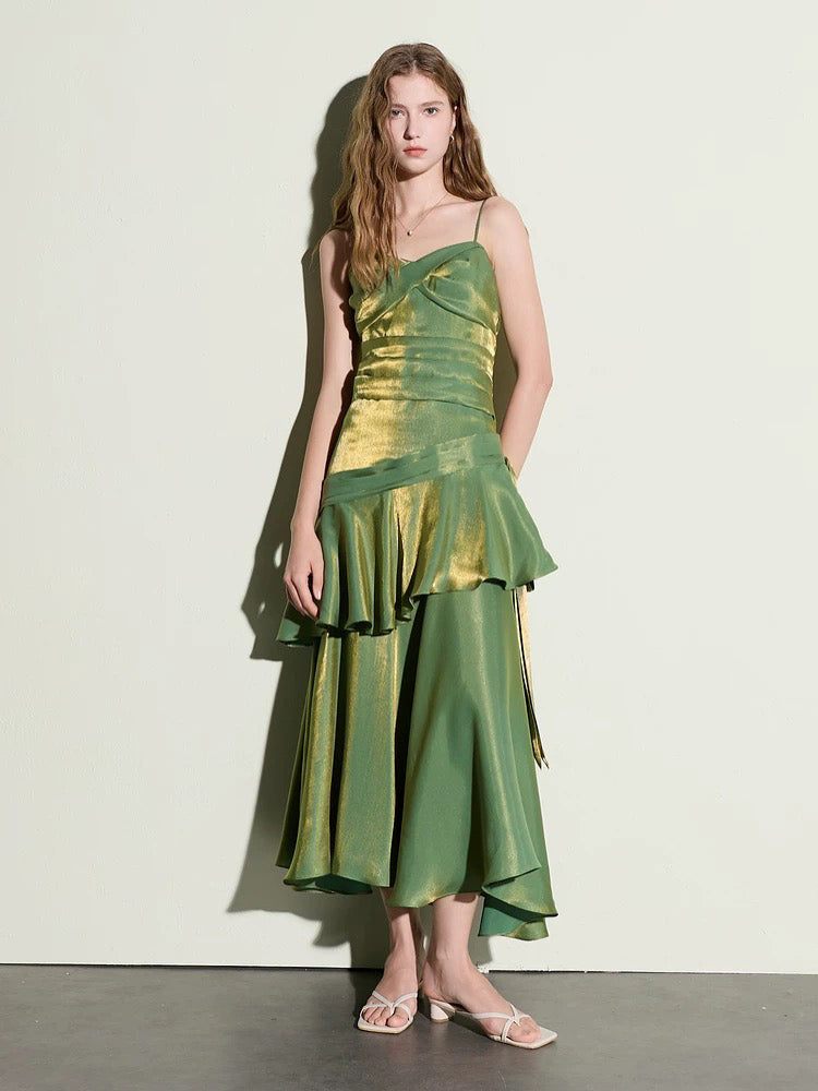 A-line Sweetheart Tea Length Silk Green Prom Party Dress