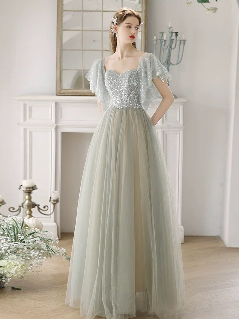 A-Line Tulle Sequin Light Green Long Prom Dress, Light Green Long Form toptby A-Line Tulle Sequin Light Green Long Prom Dress, Light Green Long Form toptby