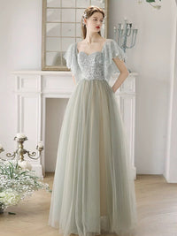 A-Line Tulle Sequin Light Green Long Prom Dress, Light Green Long Formal Dress