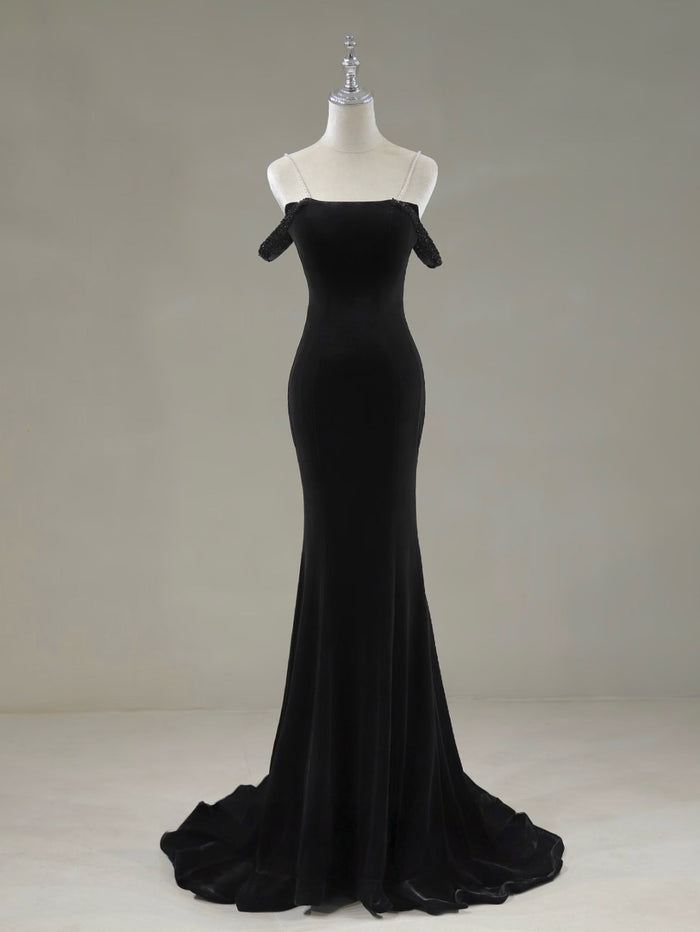Mermaid Off Shoulder Velvet Sweep Train Black Prom Dress with Beads