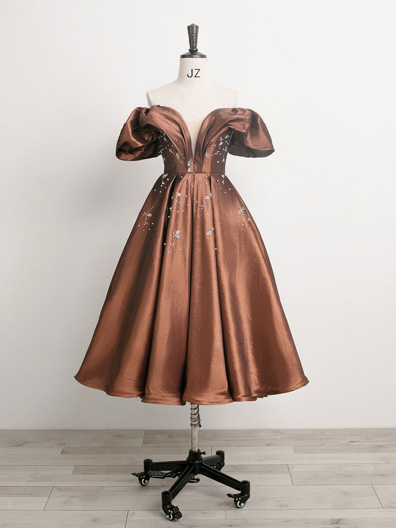 Brown Off Shoulder Taffeta Short Prom Dress, Brown Formal Dress toptby Brown Off Shoulder Taffeta Short Prom Dress, Brown Formal Dress toptby