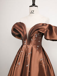 Brown Off Shoulder Taffeta Short Prom Dress, Brown Formal Dress