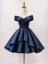 A-Line Sweetheart Off Shoulder Satin Short Dark Blue Prom Dress