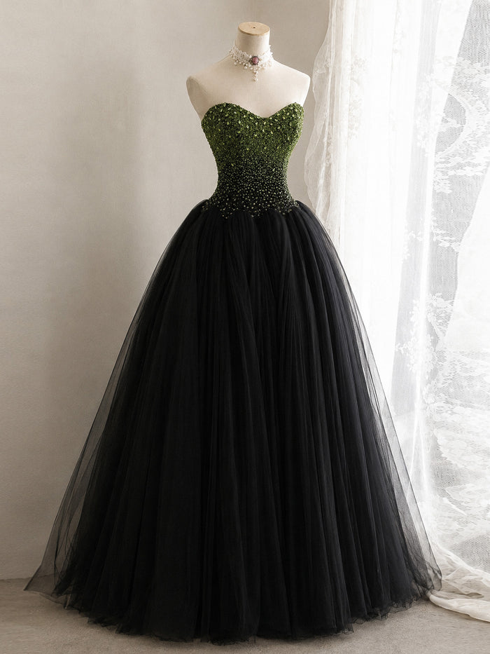 Unique Sweetheart Neck Tulle Black Long Prom Dress with Beads