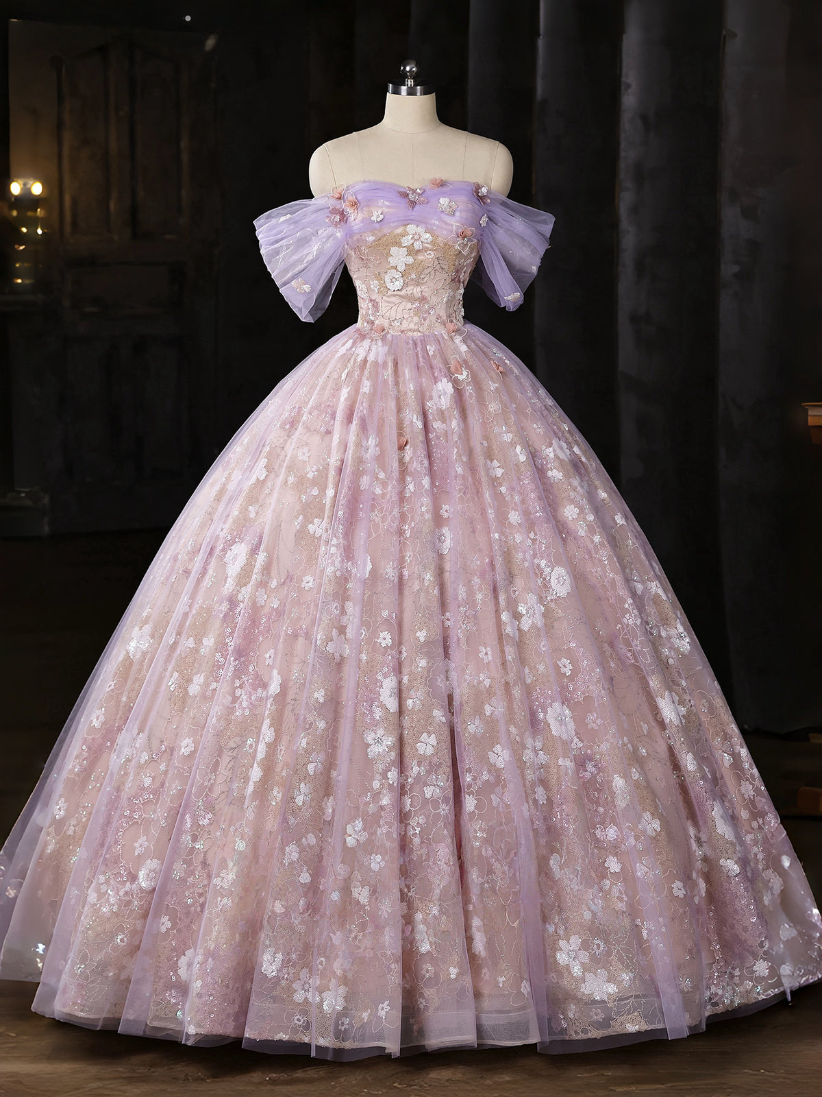 Sweetheart Off Shoulder Tulle Lace Purple Long Prom Dress