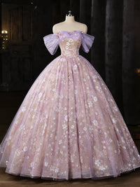 Sweetheart Off Shoulder Tulle Lace Purple Long Prom Dress