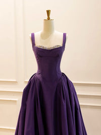 A-Line Sweetheart Neck Sweep Floor Satin Purple Long Prom Dress with Beads