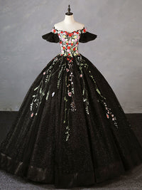 Black Off Shoulder Tulle Lace Long Prom Gown, Black Sweet 16 Dress