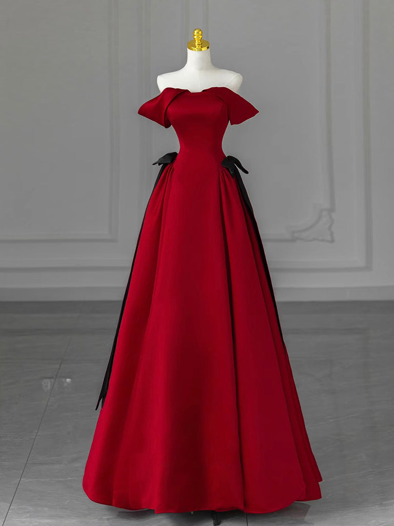 A-Line Off Shoulder Satin Burgundy Long Prom Dress, Burgundy Long Formal Dress