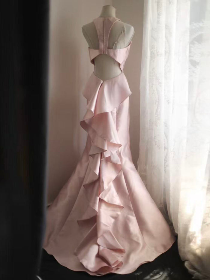 Unique Mermaid Satin Pink Long Prom Dress, Pink Party Dress