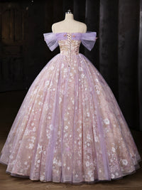 Sweetheart Off Shoulder Tulle Lace Purple Long Prom Dress