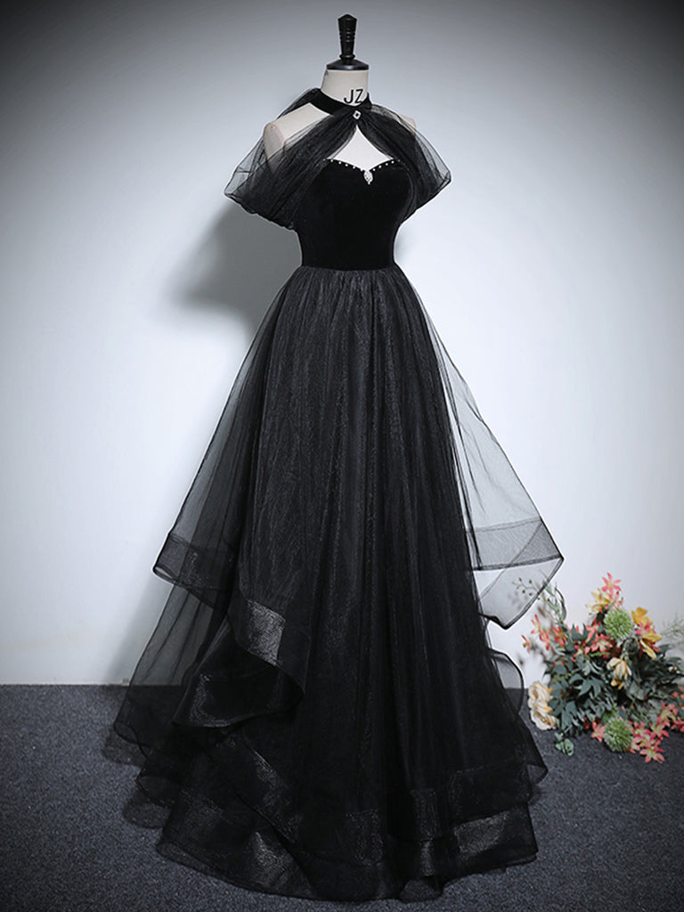A-Line Tulle Black Long Prom Dress, Black Long Formal Dress – toptby