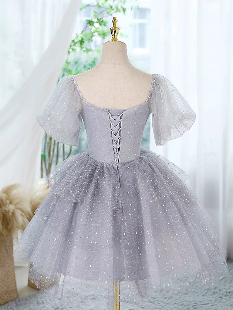 A-Line Tulle Lace Gray Short Prom Dress, Cute Gray Homecoming Dress