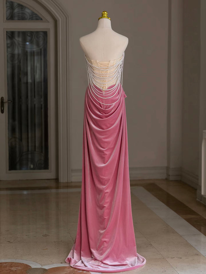 Mermaid Velvet Beads Pink Long Prom Dress, Pink Long Formal Dress