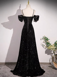 A-Line Off Shoulder Velvet Sequin Long Black Prom Dress, Black Long Evening Dress