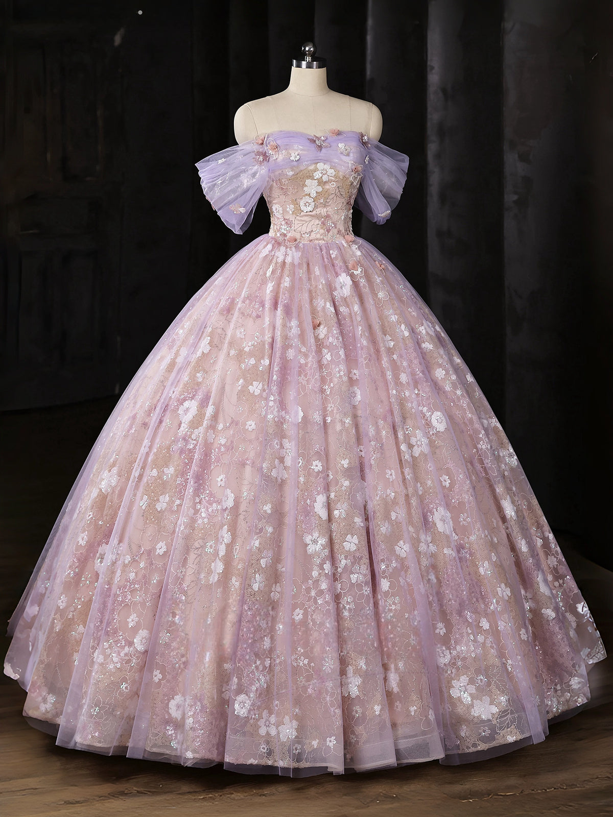 Sweetheart Off Shoulder Tulle Lace Purple Long Prom Dress