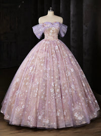 Sweetheart Off Shoulder Tulle Lace Purple Long Prom Dress