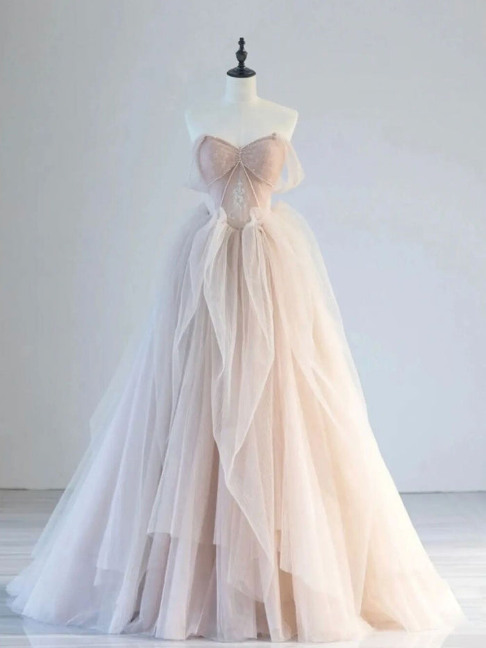 Champagne Pink Off Shoulder Tulle Lace Long Prom Dress, Champagne Formal Dress