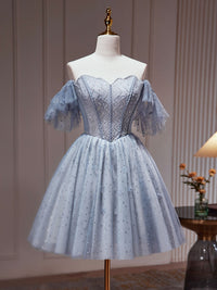 A-Line Tulle Gray Blue Short Prom Dress, Gray Blue Homecoming Dress