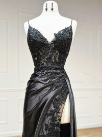 Black V Neck Lace Satin Long Prom Dress, Black Formal Evening Dress
