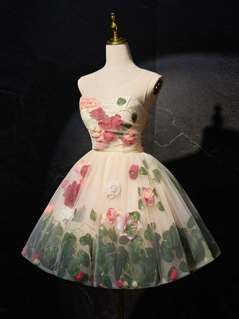 Champagne 3D Flower Tulle Short Prom Dress, Cute Champagne Homecoming Dress