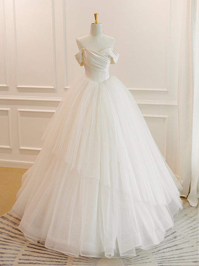 A-Line White Off Shoulder Tulle Long Prom Dress, White Long Formal Dress