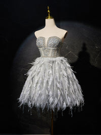 Gray Sweetheart Neck Tulle Beads Feather Short Prom Dress, Cute Gray Homecoming Dress