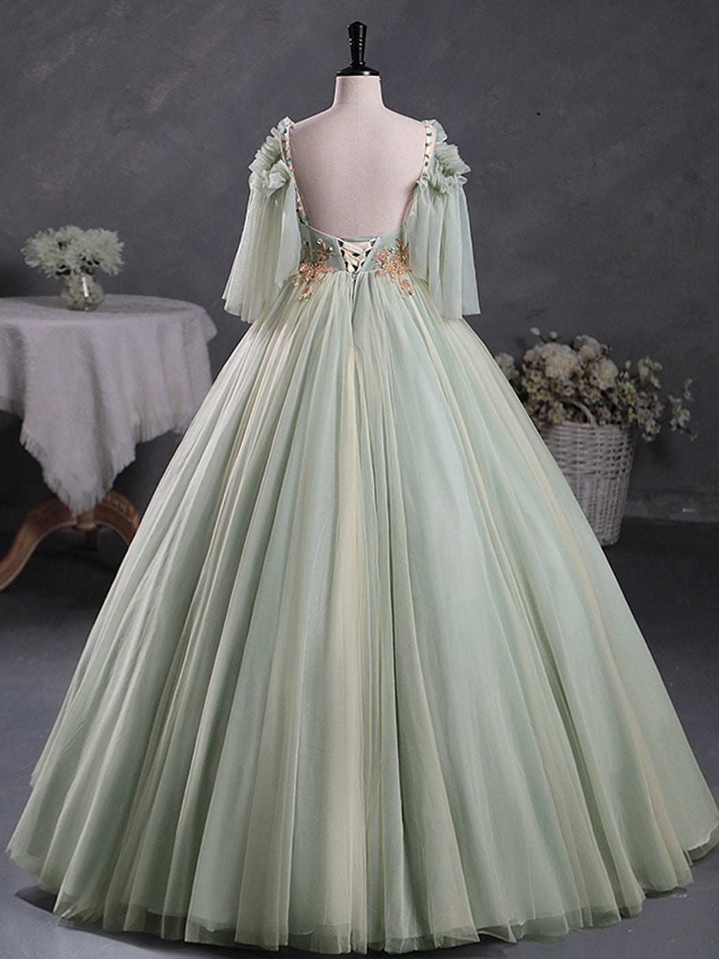 Green A-Line 3D Lace Long Prom Dress, Green Lace Sweet 16 Dress