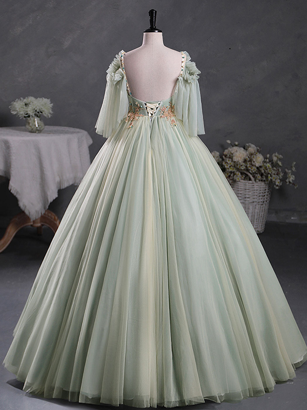 Green A-Line 3D Lace Long Prom Dress, Green Lace Sweet 16 Dress toptby Green A-Line 3D Lace Long Prom Dress, Green Lace Sweet 16 Dress toptby