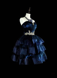 A-line Sweetheart Neck Tulle Dark Blue Short Prom Dress, Blue Homecoming Dress