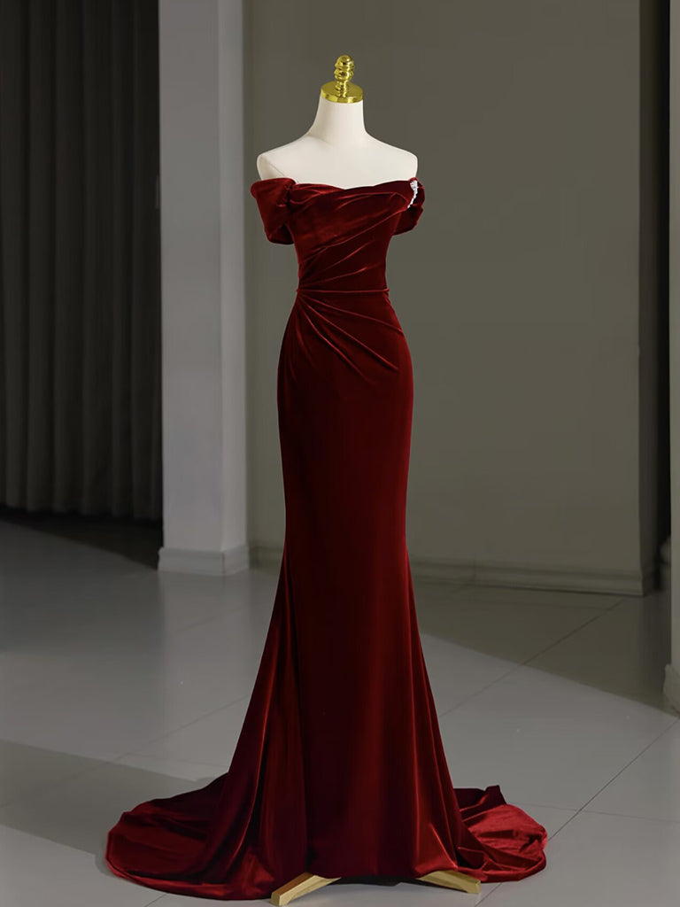 Mermaid Velvet Burgundy Long Prom Dress, Burgundy Long Formal Dress