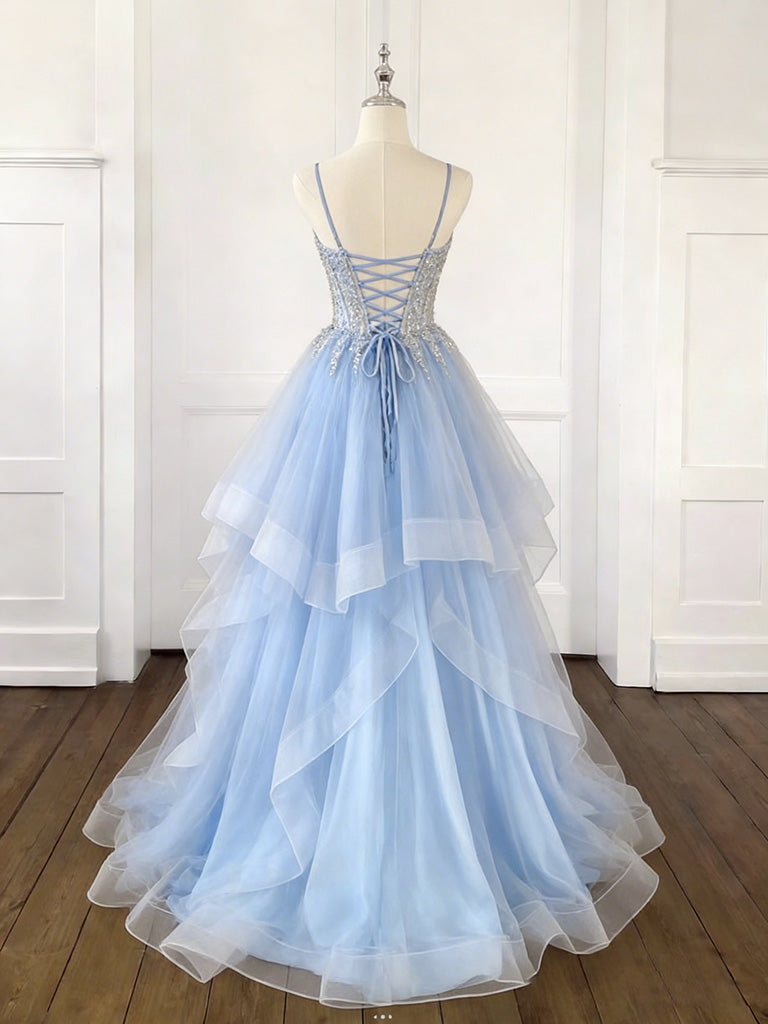 A-Line V Neck Tulle Sequin Blue Long Prom Dress, Blue Long Evening Dress