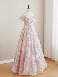 A-Line V Neck Tulle 3D Applique Pink Long Prom Dress, Pink Long Formal Dress